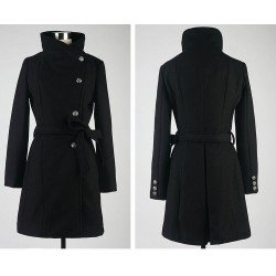 Belted woolen coat with slim collar