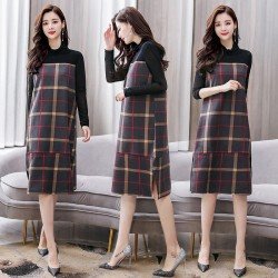 Lattice fashion trend stitching temperament medium-length loose spring dress 2021