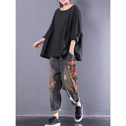 Women Vintage Long Sleeve Crewneck Plaid Loose Blouse